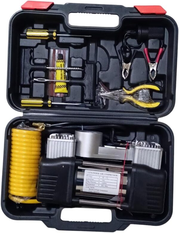 Portable Car Air Compressor Kit, Dual Cylinder, 12V DC with Tool Set and Carrying Case